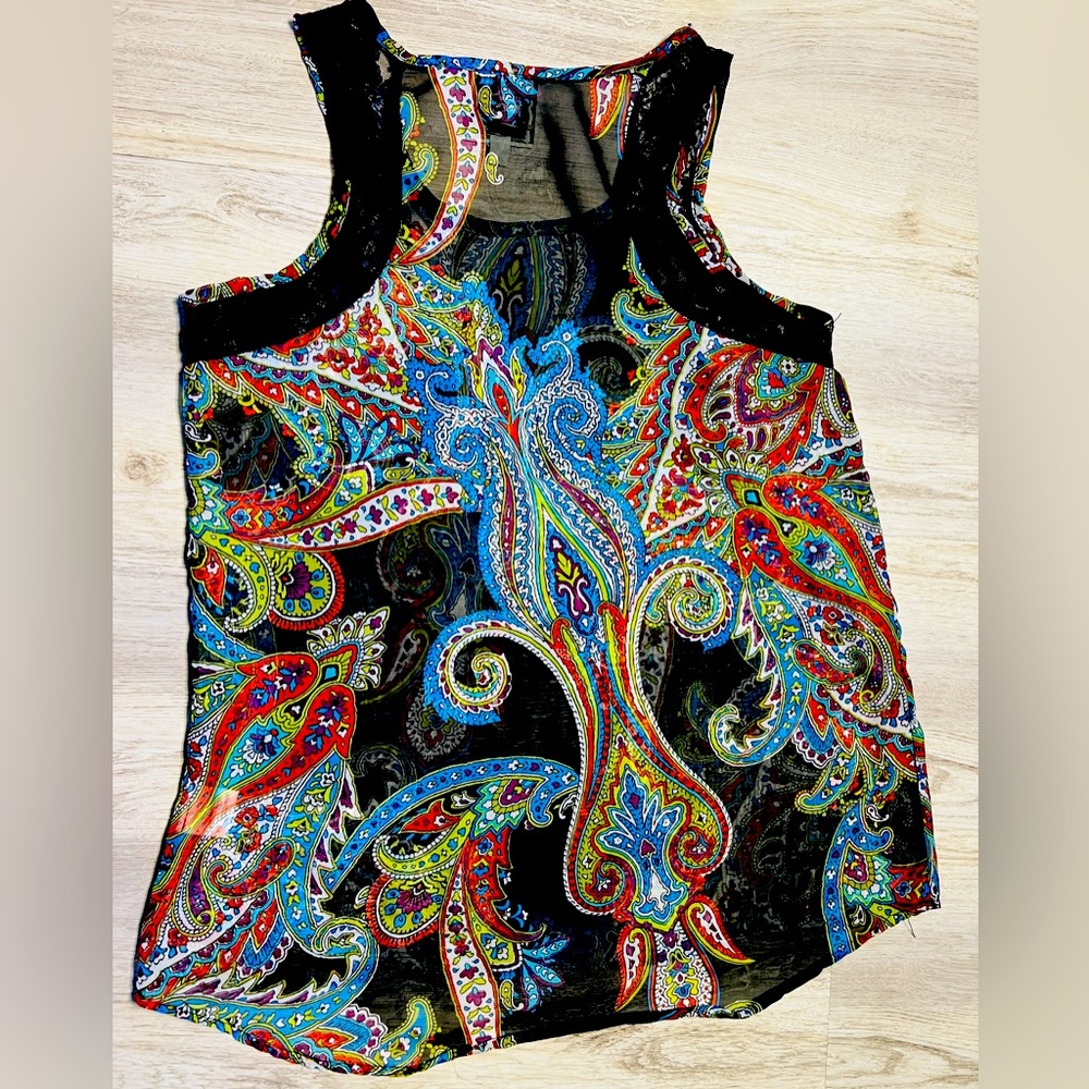 Pink Rose Crew Neck, Sleeveless with Black Lace Women Tank Top Size L